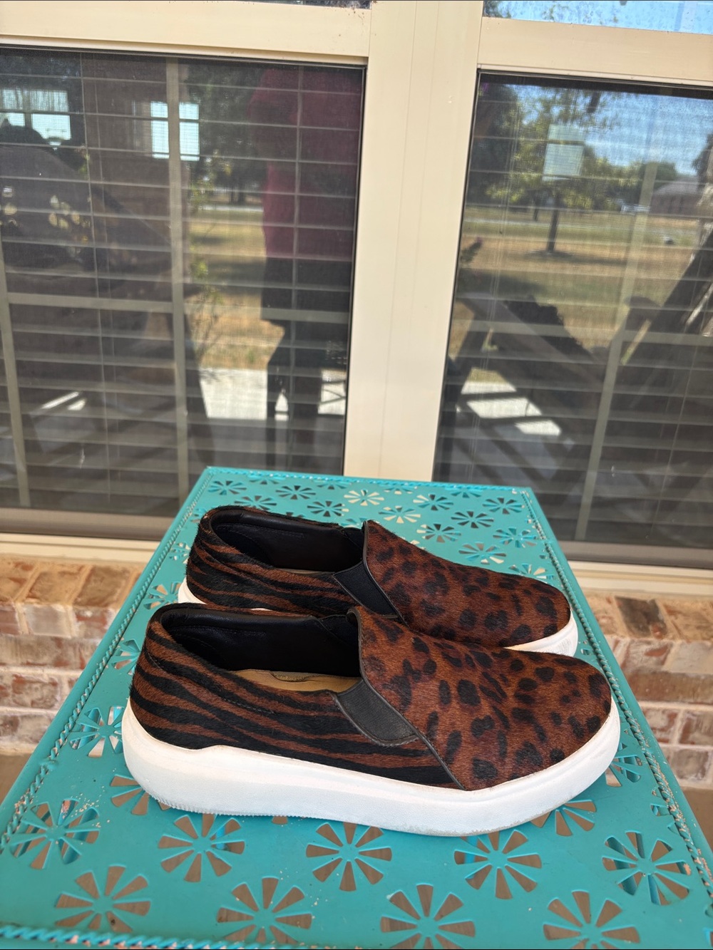 Trask Lorene Calf Hair Leopard Print Tiger Striped Platform Sneakers